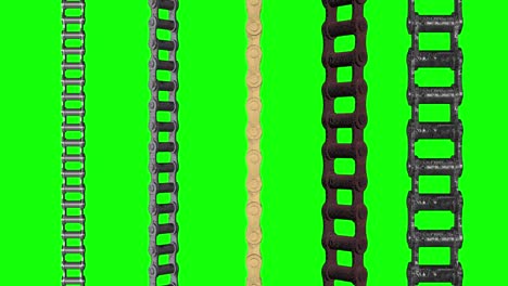 cinco cadenas de motor de acero diferentes sincronizadas en la animación de bucle de pantalla verde 3d