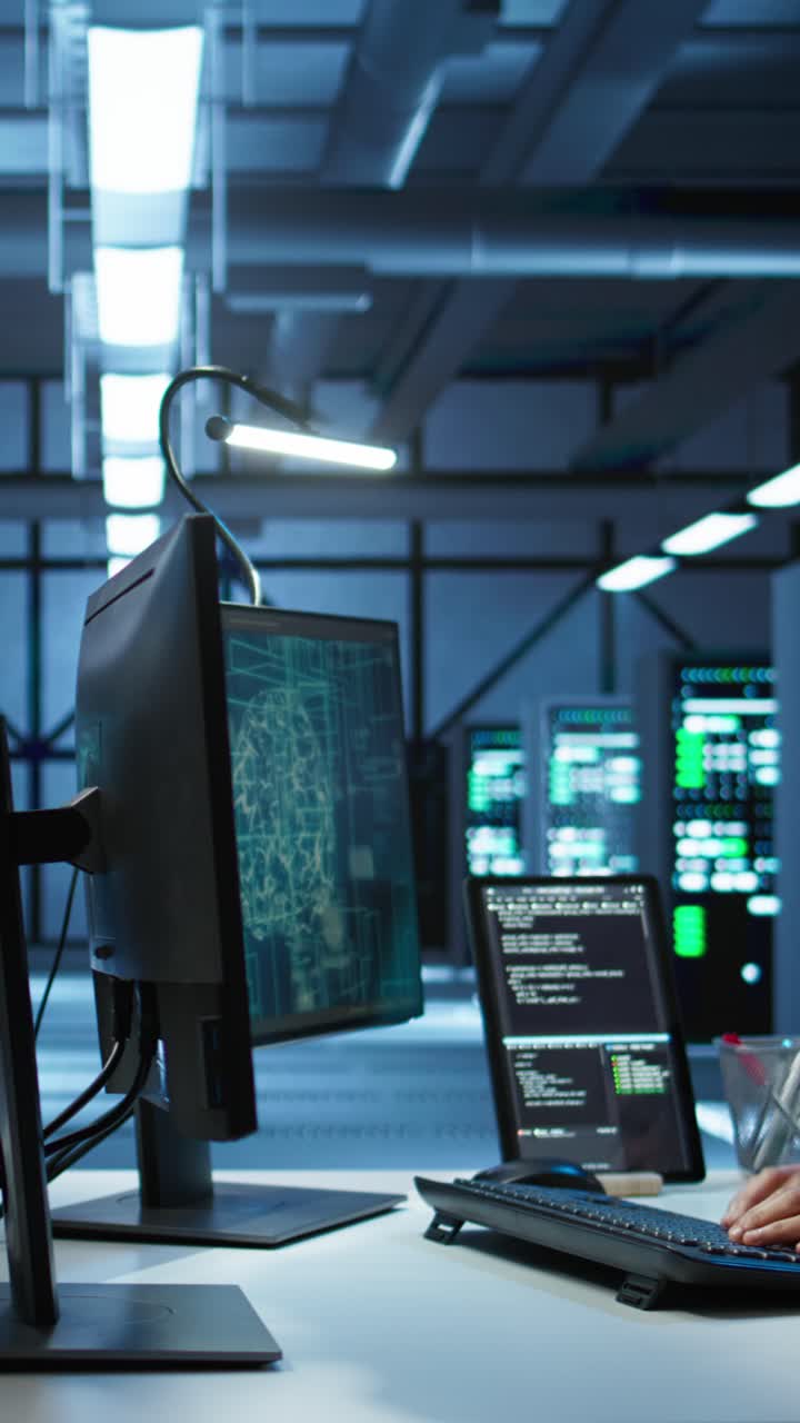 Programmatrice che digita codice in un data center high-tech