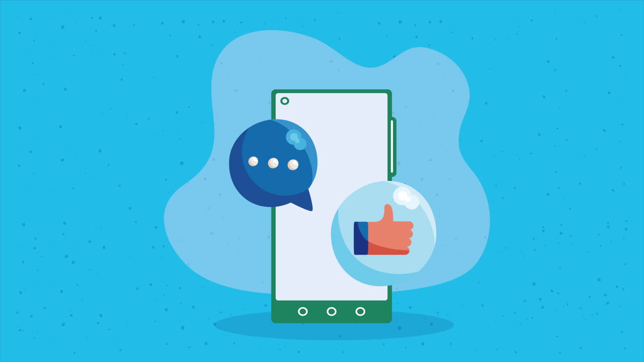 con burbuja de habla de teléfono inteligente y animación de pulgar