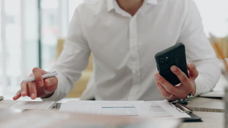 accounting, person hands and calculator with phone