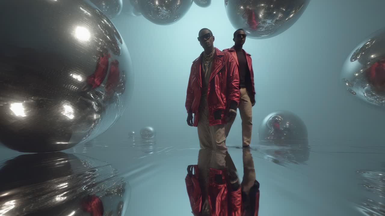 Two individuals in striking red jackets stand and walk through a surreal, reflective space filled with large, shiny metallic spheres, creating an atmosphere of intrigue and modern artistry