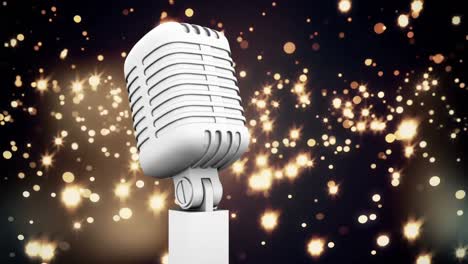 Animation-of-flying-glowing-gold-lights-over-microphone-on-dark-background