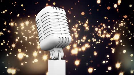 animation of flying glowing gold lights over microphone on dark background