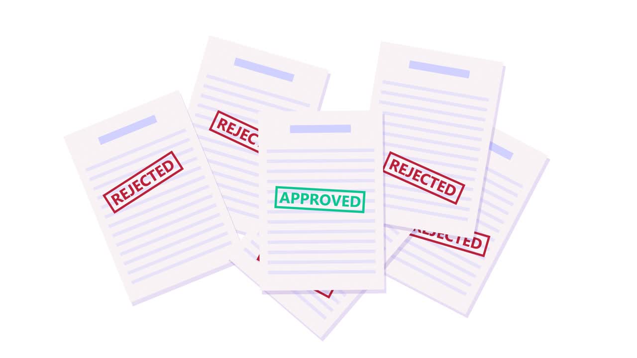 Documents animation. Approved and rejected stamp on documents. contract, agreement, loan, credit paper. Job application. 2d flat design, animated stock video. motion graphics