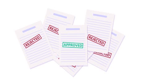 documentos de animación. sello aprobado y rechazado en documentos. contrato, acuerdo, préstamo, papel de crédito. solicitud de trabajo. diseño plano 2d, video de stock animado. gráficos de movimiento