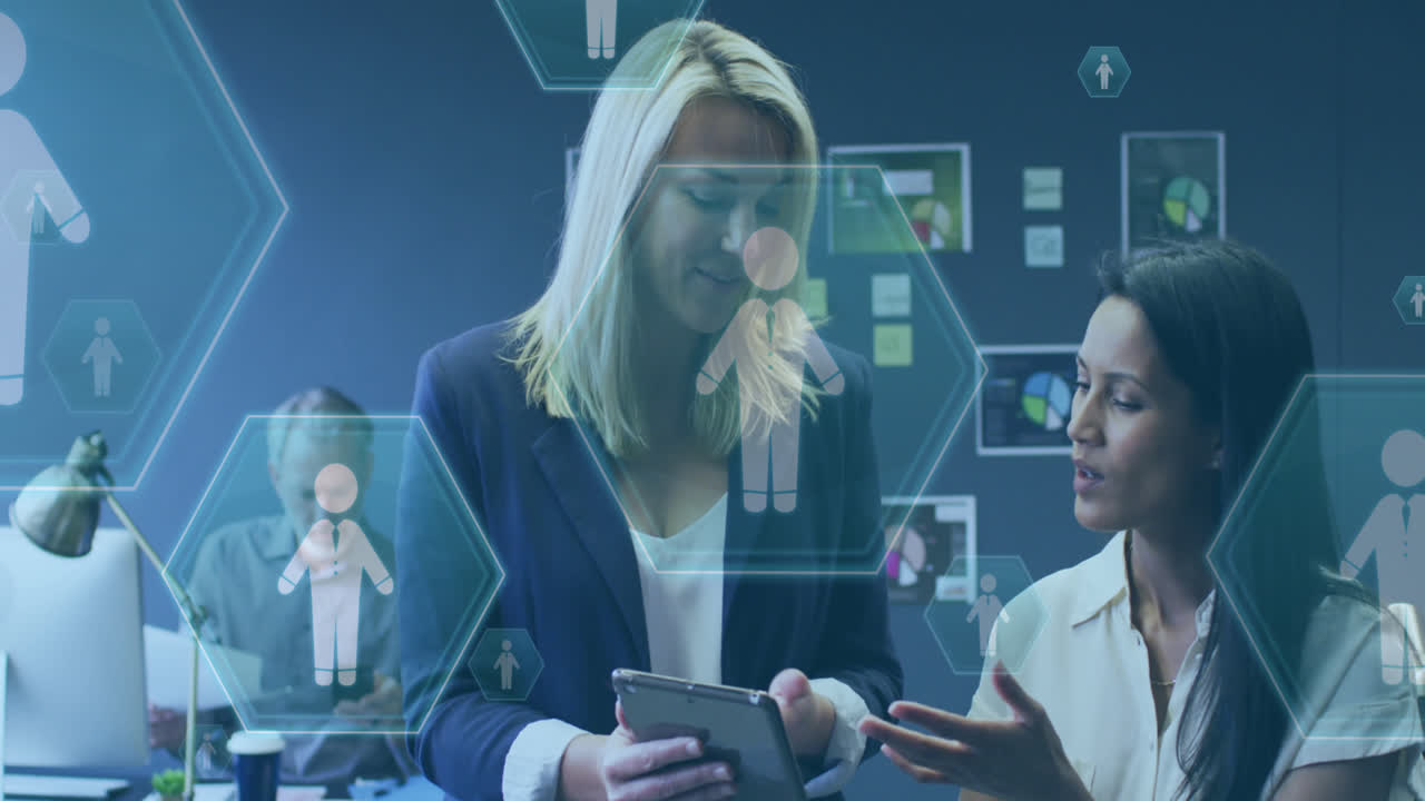 Animation of digital icons and data processing over diverse business woman using tablet