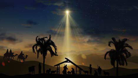christmas nativity scene animation with real animals and trees on starry sky