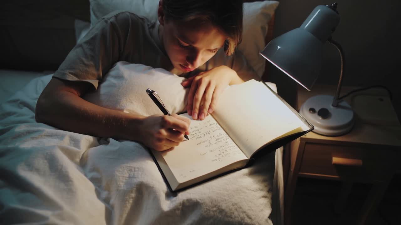 Adolescente maschio in maglietta che scrive sdraiato sul letto, con una lampada che illumina il quaderno, mentre abbraccia un cuscino e usa una penna.