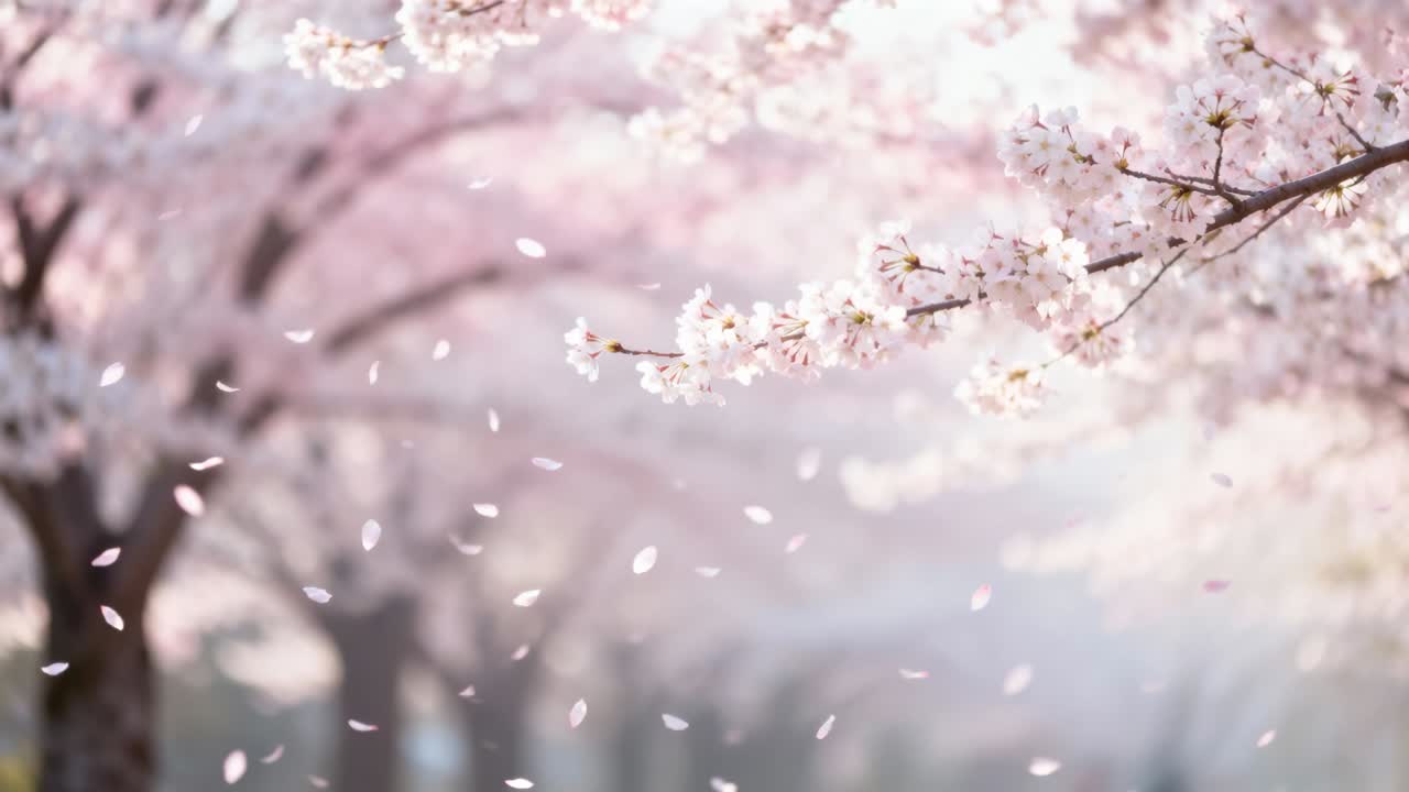 公園で揺れる桜の枝から花びらが舞い散り、そよ風に漂う。コピースペースあり