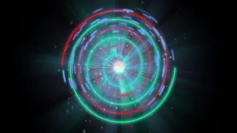 animation of colorful circular light patterns forming spiral on dark background