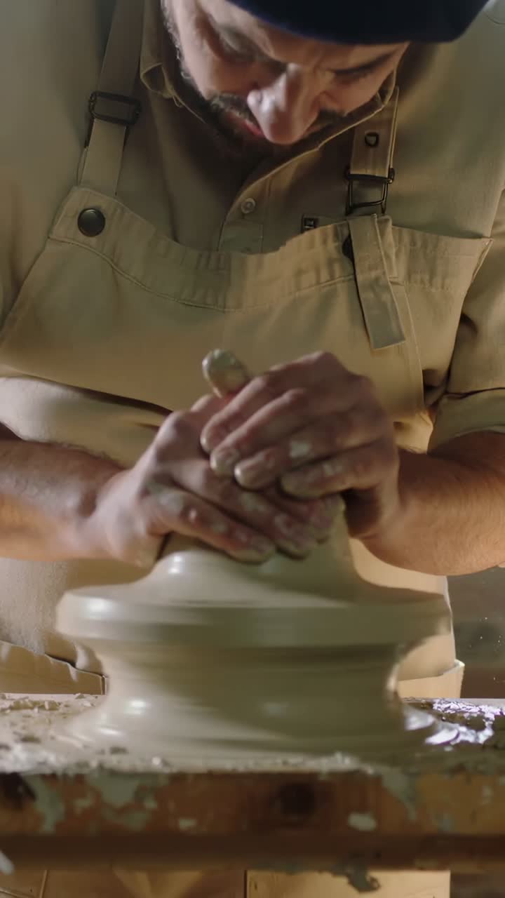 Vertical video: Wheel spinning potter in beanie and apron shaping wet clay forming vessel at studio