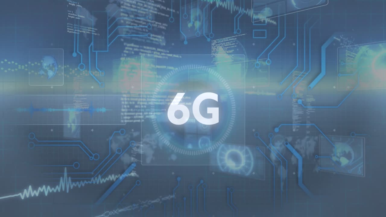 Animation of 6g text with computer motherboard and digital information moving on dark background