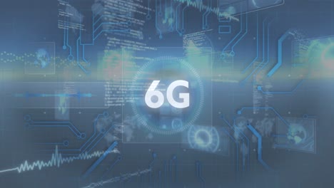 animation of 6g text with computer motherboard and digital information moving on dark background