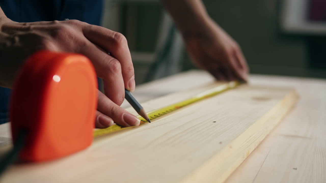 Close-up of Hands Measuring and Marking Wooden Board with Tape Measure