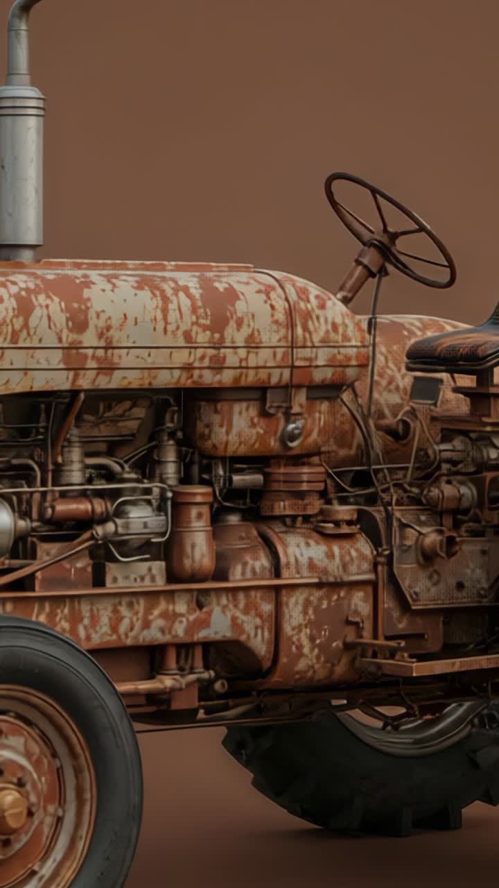 Vertical video: Opening frame showing rusted tractor in studio, with engine block and exhaust stack