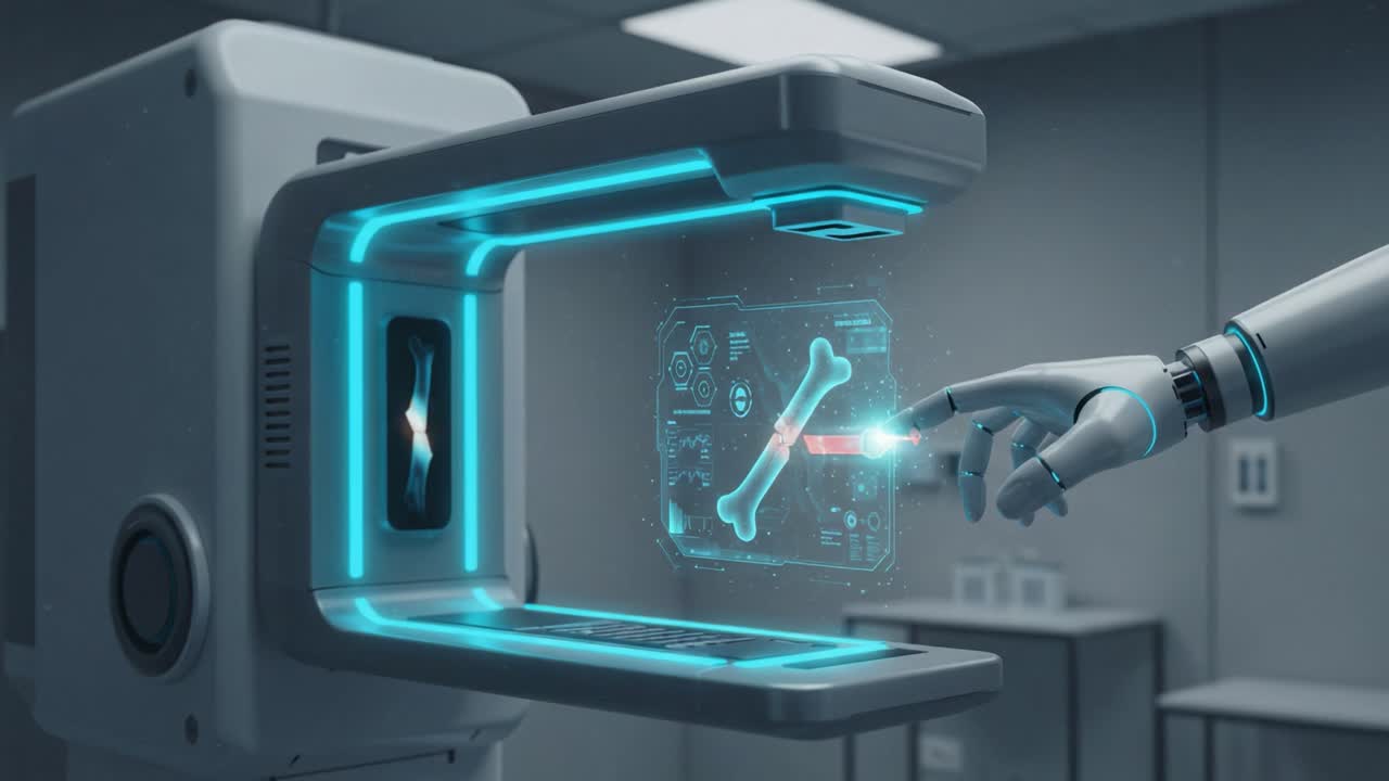 An advanced robotic arm interacts with a holographic interface, examining a bone-shaped object while utilizing state-of-the-art technology in a futuristic lab environment