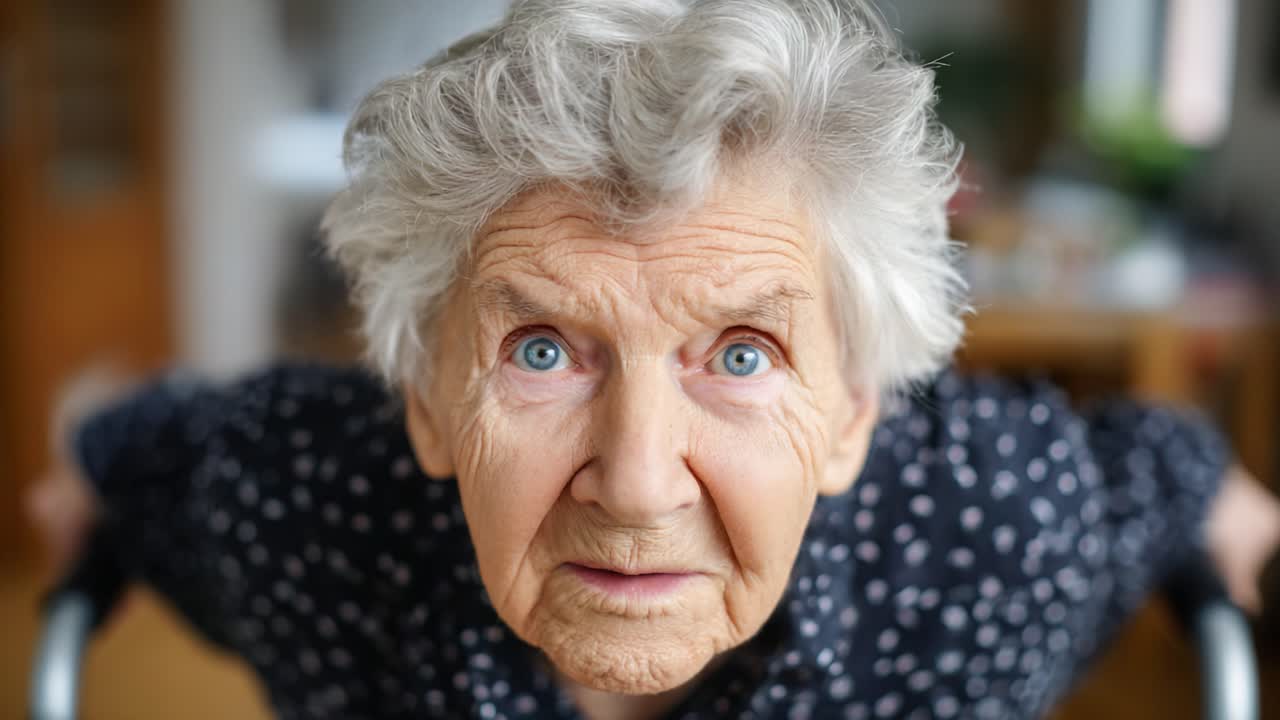 A Close-Up Portrait of an Elderly Woman with Expressive Blue Eyes and Grey Hair, Captured in a Thoughtful Moment at Home, Showing Depth and Character