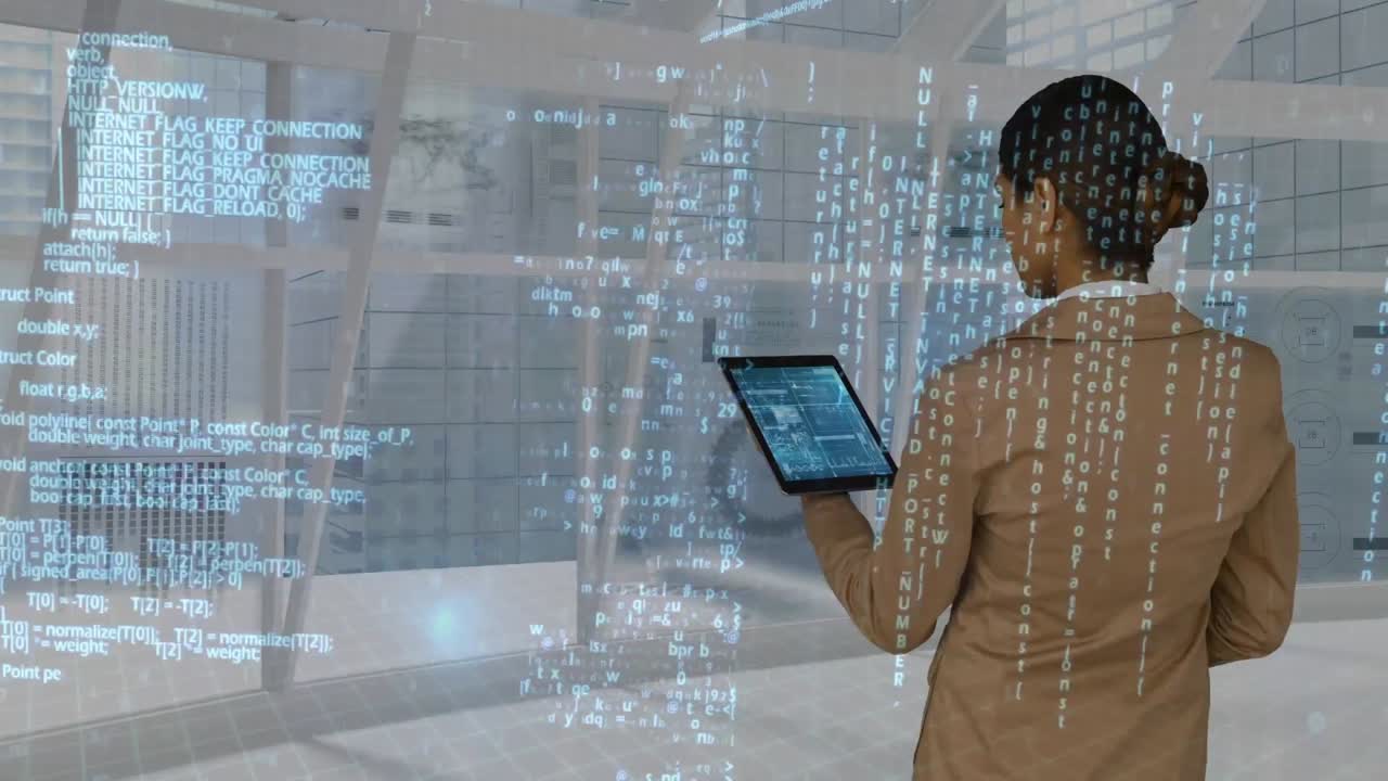 Businesswoman using digital tablet while data projected on interface moving behind her