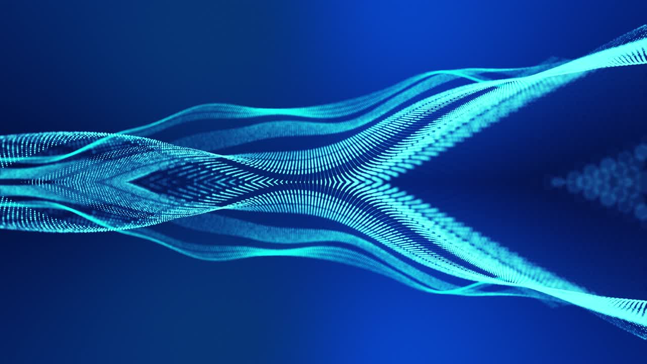 Sci-fi background with waves of particles . 4k loop abstract blue background of glow particles form curved lines, surfaces symmetrical mirror structures. Digital hologram background with particles
