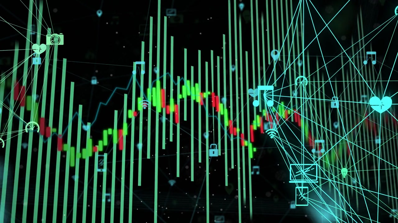 Vertical video: Animating 3D data evolving on playback in black void with teal bars, candlestick