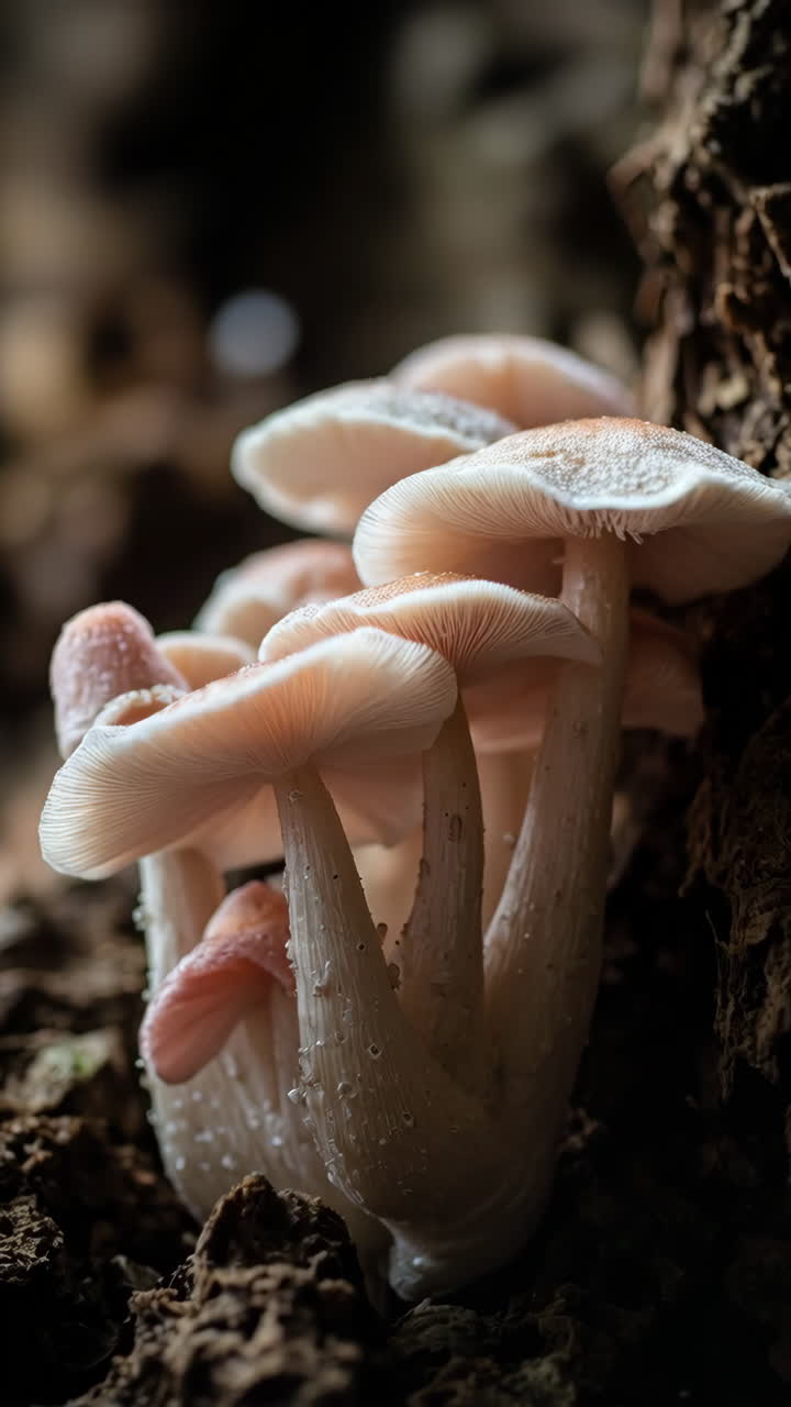 Delicate Pale Mushrooms Growing on Tree Bark