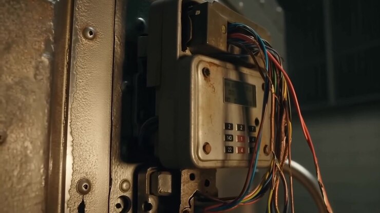 Panning camera revealing worn control box with keypad and wires in service area for repair