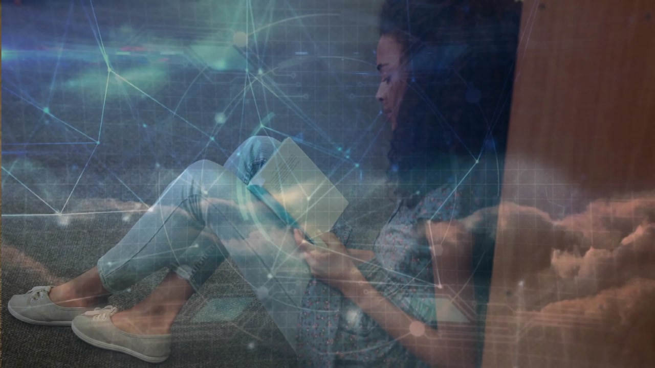 Student following network lines animating and opening book as clouds visualizing learning