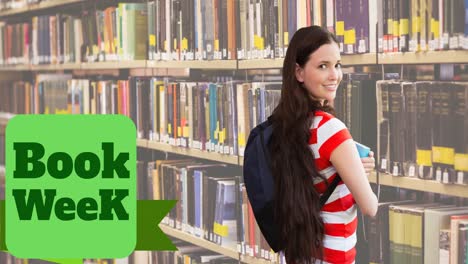 animación del texto de la semana del libro sobre una estudiante caucásica que sostiene libros en la biblioteca
