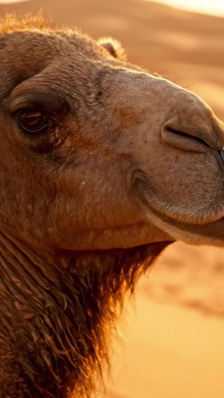 No Brilho Quente das Dunas: Uma Vista em Close-Up de um Camelo Majestoso em uma Paisagem Desértica ao Pôr do Sol, Capturando a Beleza das Criaturas da Natureza.