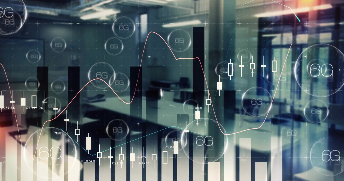Opening clear chart overlay spawning bars, candlesticks rising falling visualizing trends in office