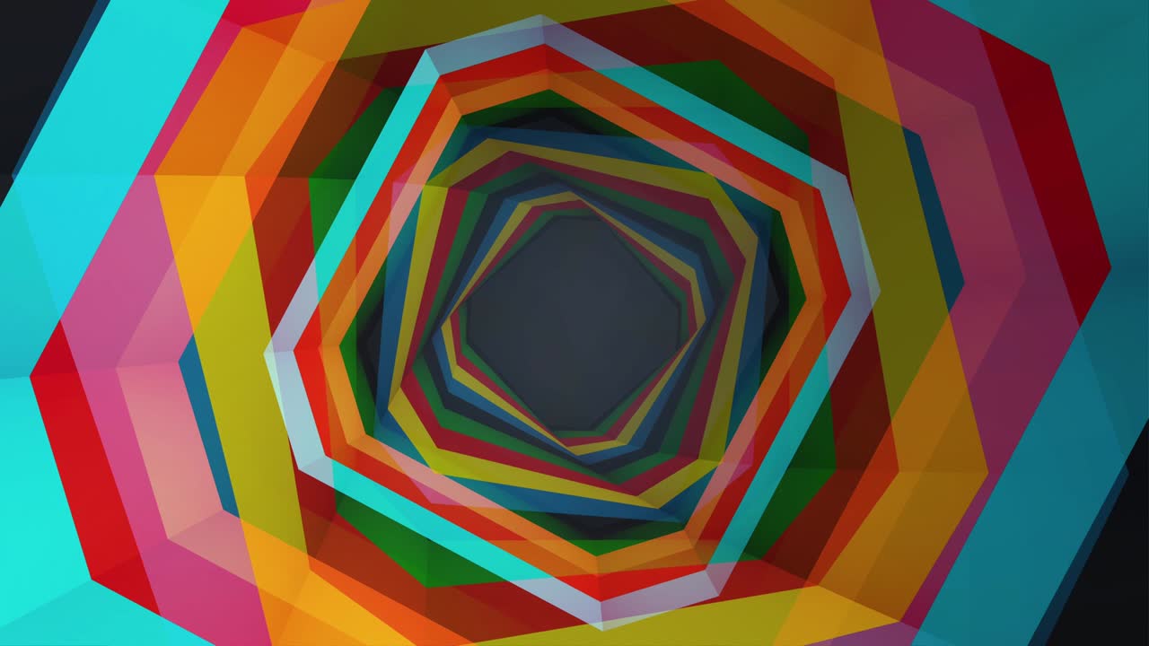 volando a través de un túnel hipnótico geométrico con rayas negras, marrones, naranjas, bucle sin costuras. animación. hermoso vórtice giratorio con cuadrados coloridos