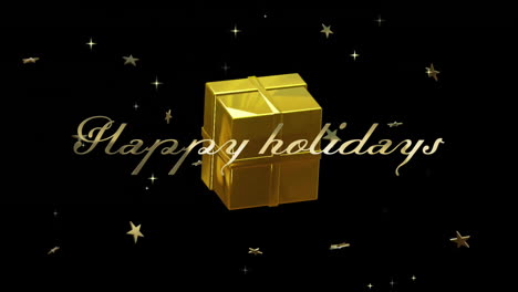 animation of happy holidays text with golden gift box and stars rotating on black background