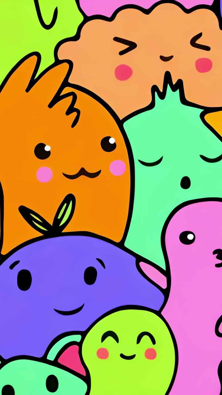 Vertical video: Displaying pastel fruit characters remaining in graphic collage, colorful theme