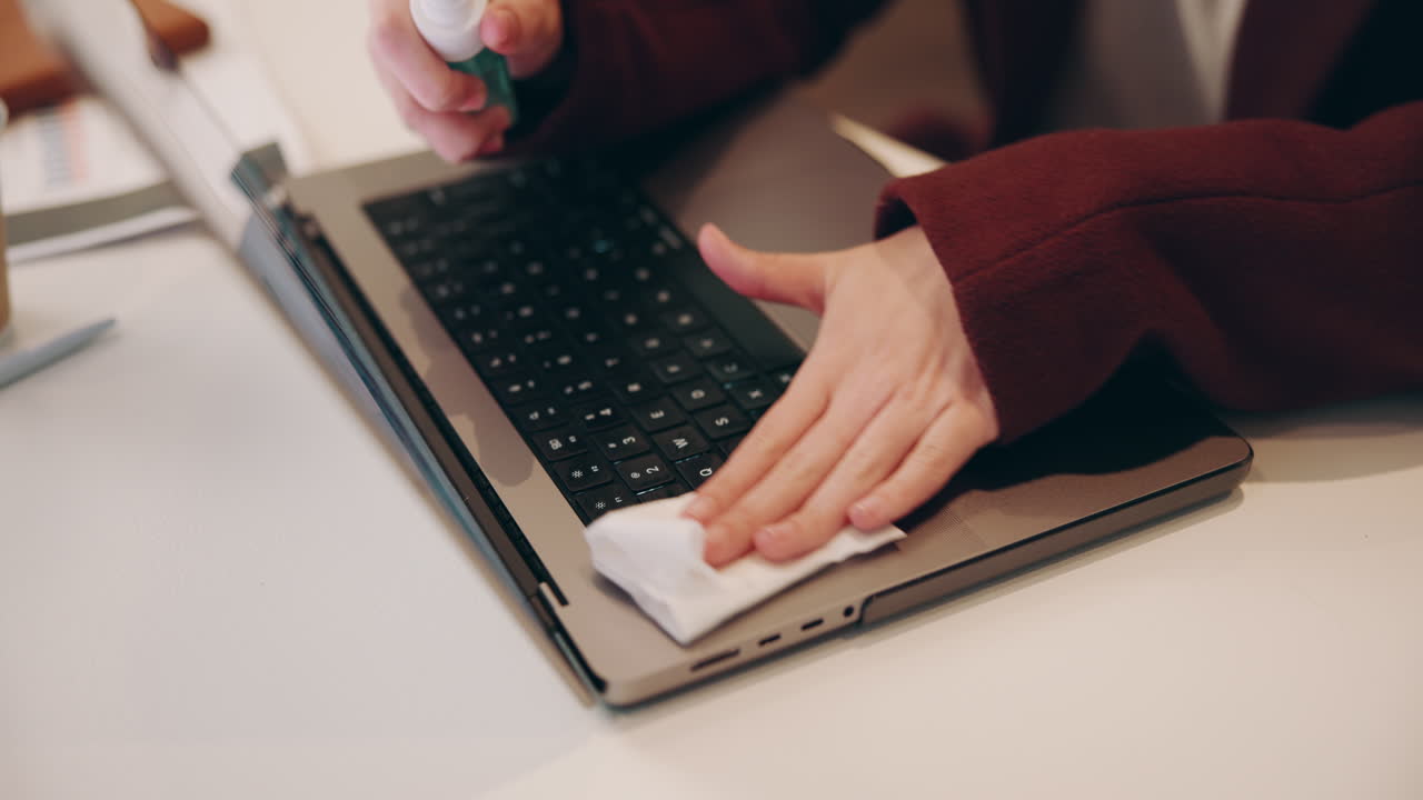 노트북 키보드를 청소하는 여성