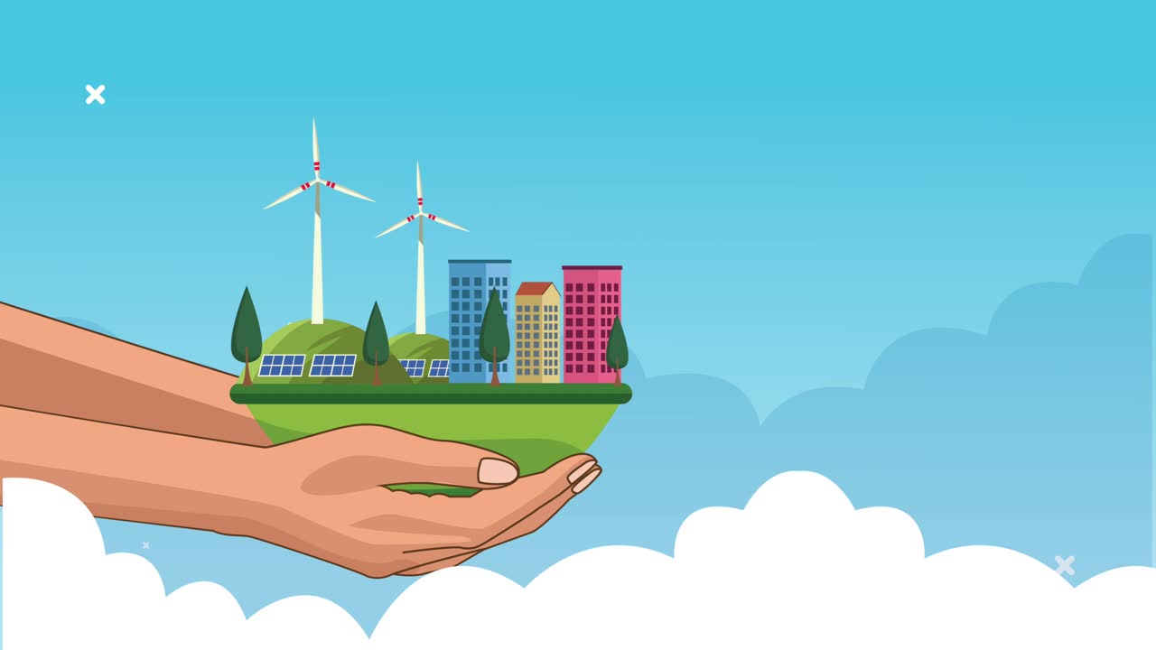 vamos a salvar el mundo animación con las manos levantando escena de la ciudad verde