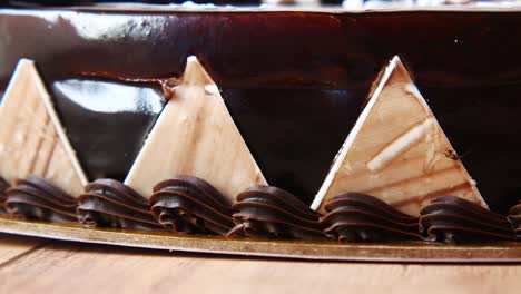 close-up view of a decorated chocolate cake