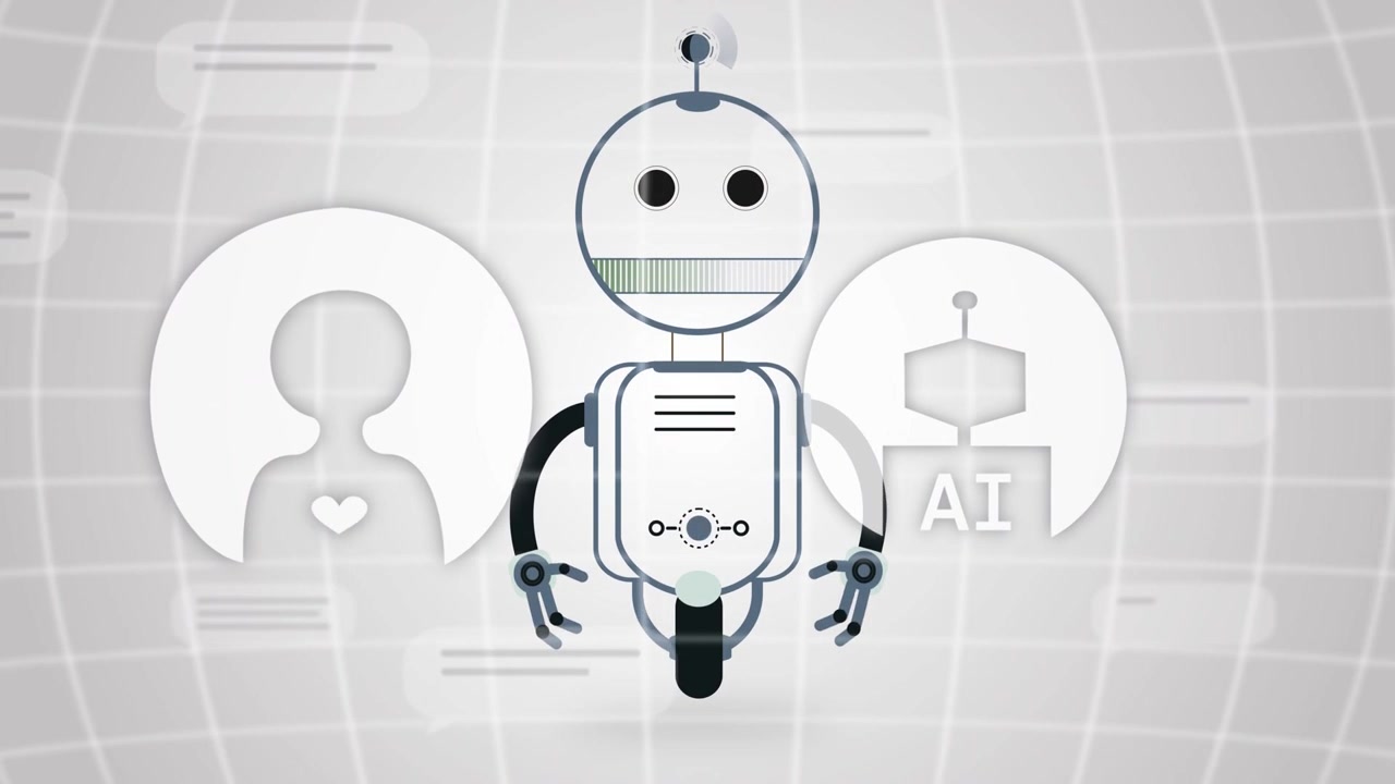HUD lines starting robot acting centered, user, AI icons sliding, merging, pulsing, showing link