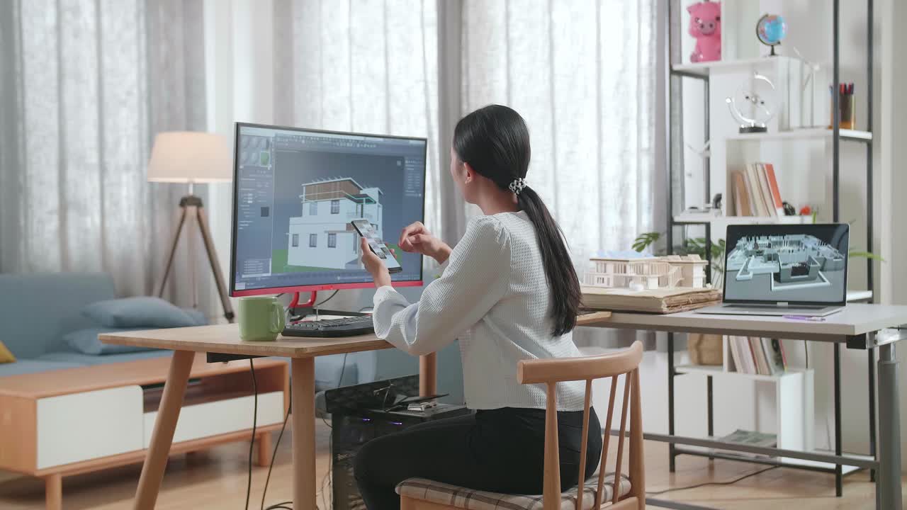 Asian Woman Engineer Using Smartphone While Designing House On A Desktop At Home. Cyber Games House Design And Decoration