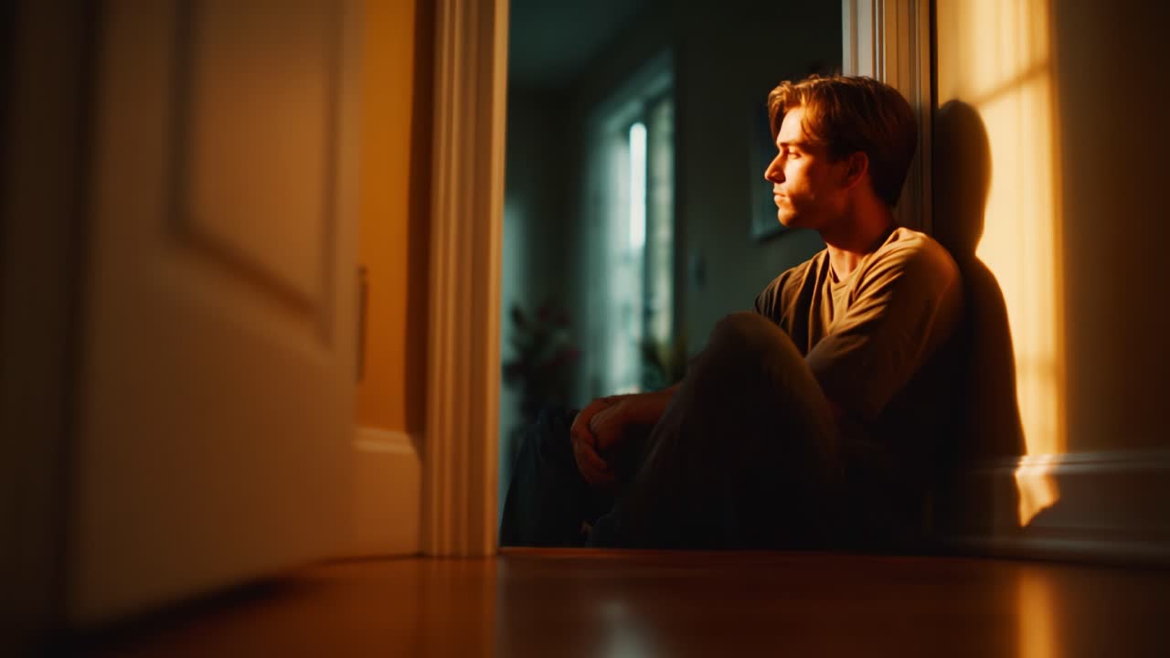 A contemplative figure sits in a softly lit doorway, bathed in golden sunlight, reflecting on thoughts and emotions in a moment of solitude and introspection