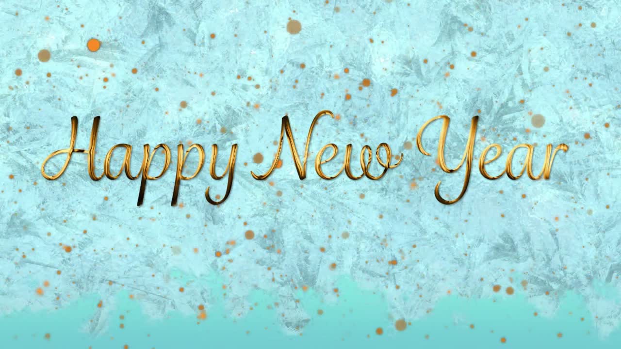 Animación de texto de feliz año nuevo sobre manchas, luna y cristal escarchado