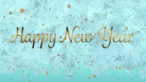 animation of happy new year text over spots, moon and frozen glass
