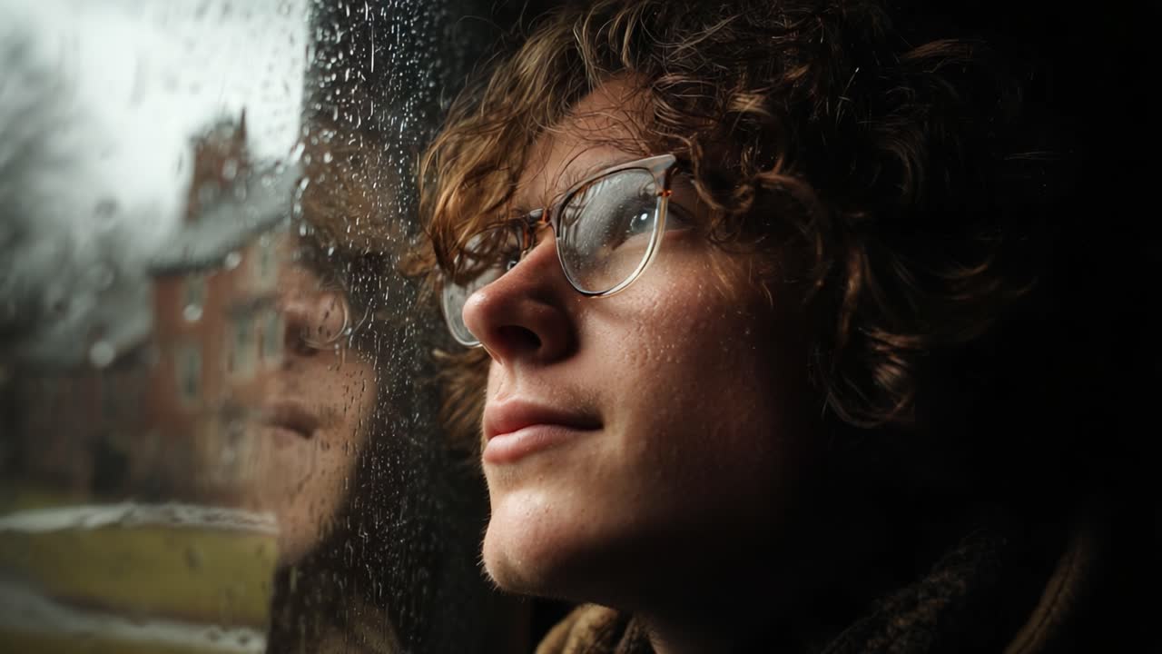 Contemplative Moment: A Person Gazes Thoughtfully Through a Rainy Window, Capturing the Emotions of Solitude and Reflection Amidst a Blurred Outdoor Scene