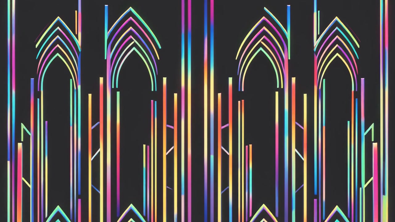 Animazione Astratta di Archi Arcobaleno Luminosi e Linee Verticali