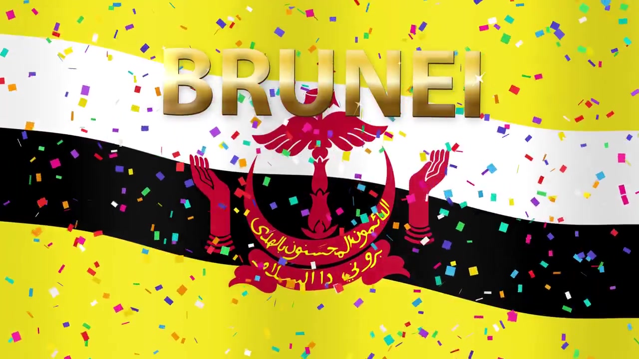 Bandiera nazionale animata del Brunei che sventola con coriandoli colorati che cadono e testo 3D dorato.