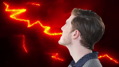 animation of inquisitive man over glowing red electric currents on black background