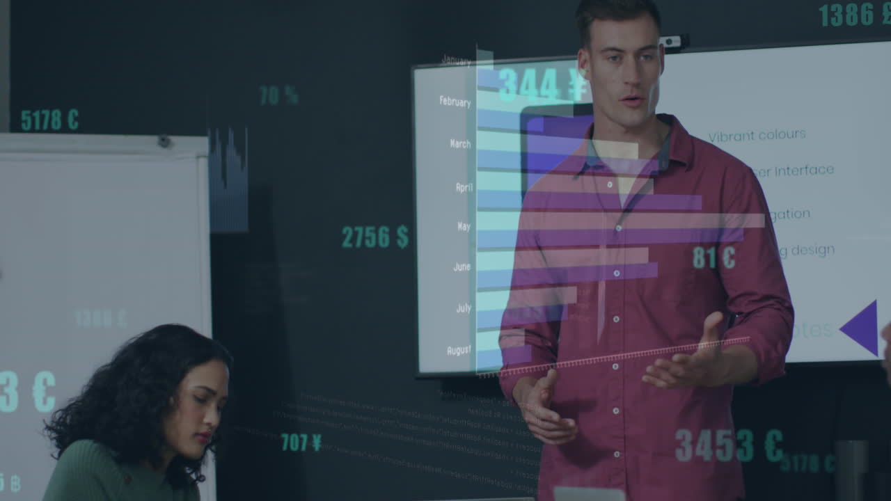 animación del procesamiento de datos estadísticos contra un hombre caucásico haciendo una presentación en la oficina