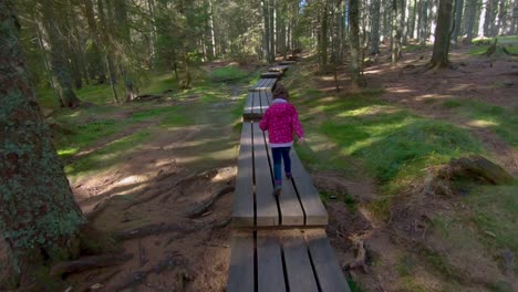 Little-girl-hiking-on-footbridge-through-woods,-facing-away,-lost-in-forest-concept