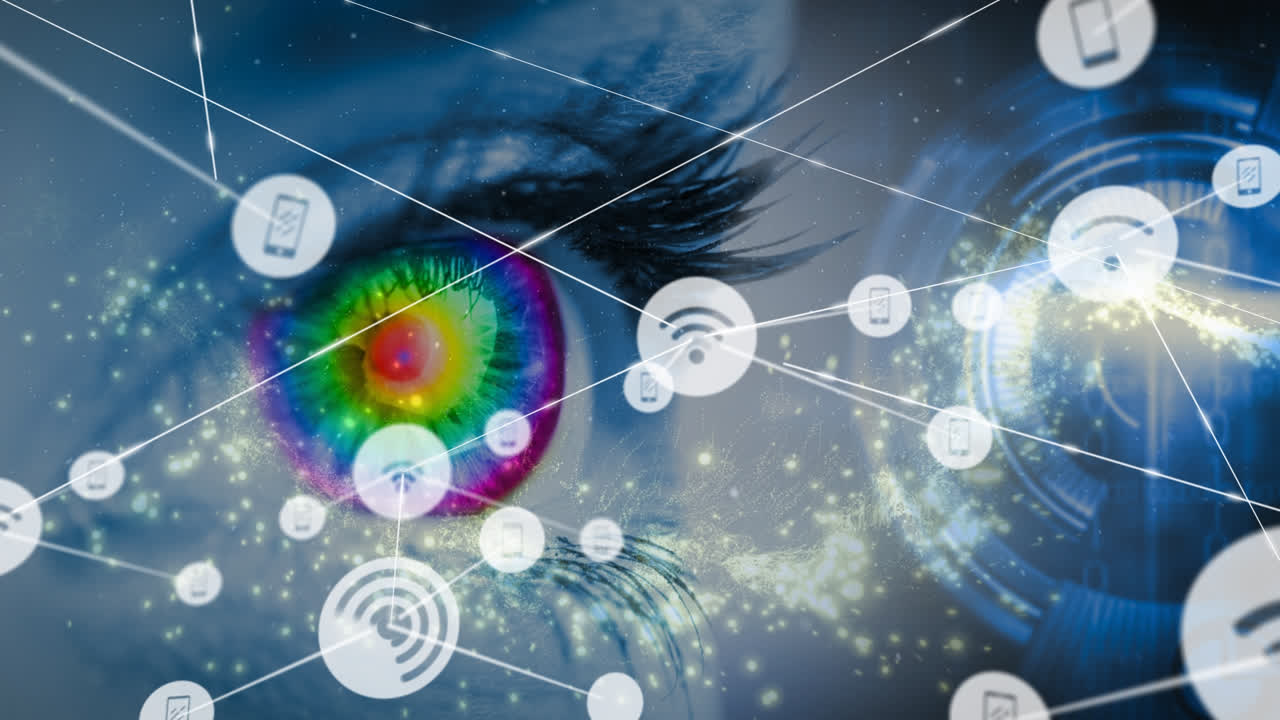 animación de la red de conexiones con iconos sobre el ojo de la mujer