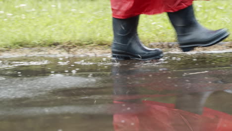 person in wellies and red raincoat striding through puddles