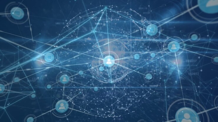 Animation of network of connections with icons and globe on blue background